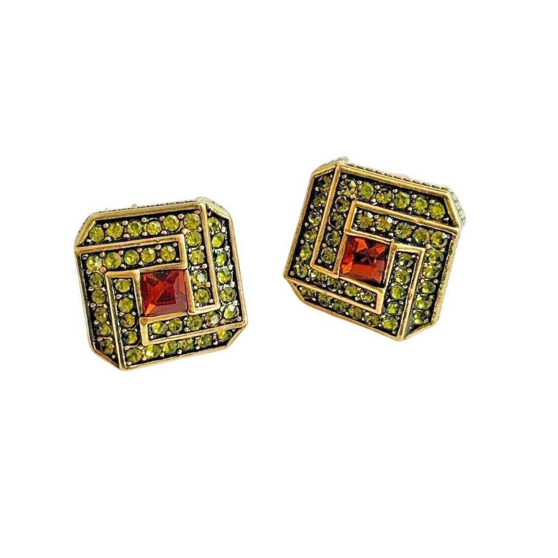 Heidi Daus Earrings Crystal Swarovski Square Bronze Pierced Art Deco Style Regal 47$